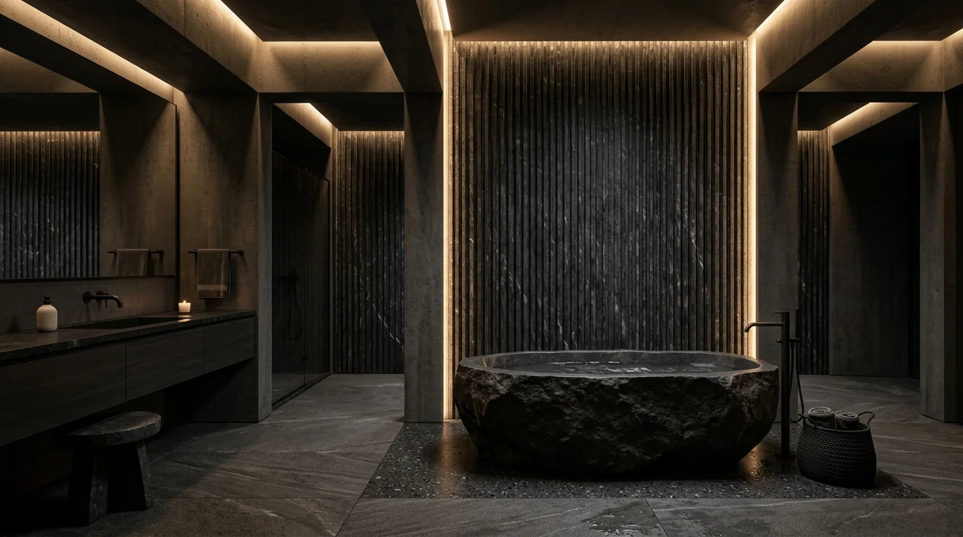 Dark stone bathroom with a carved stone bath, concealed lighting and floor-mounted brassware