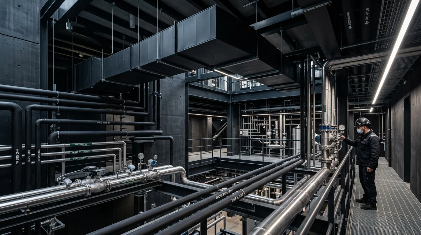 A Bagno Technik engineer checking pipework and valves in a plant room