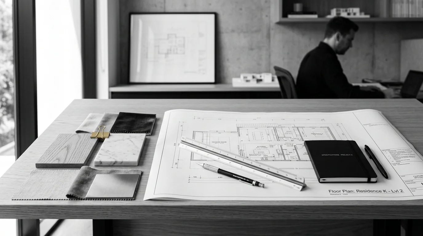Floor plan, material samples and drawing instruments laid out for a bathroom specification
