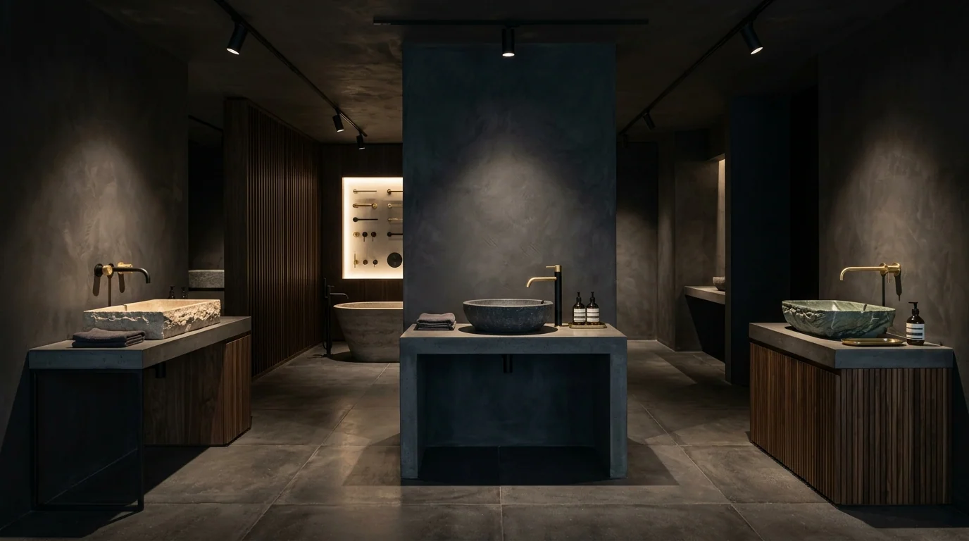Stone vessel basins and brushed-brass taps on timber vanities